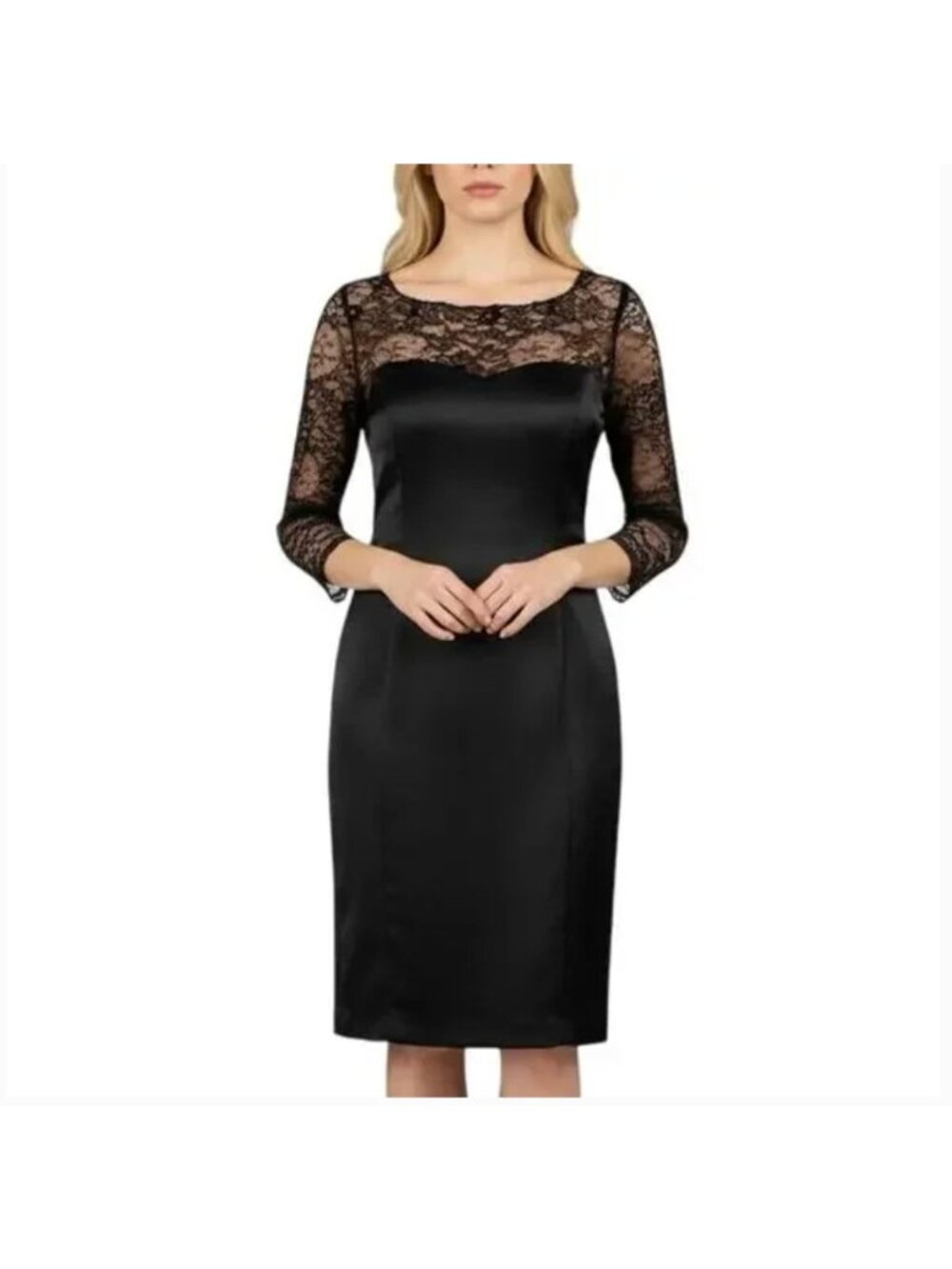 La Perla Collezione Black Satin & Lace Sheath Boatneck 3/4 Sleeve Dress 46 US 10